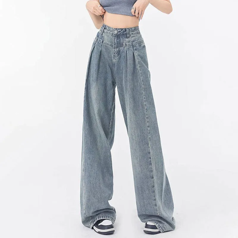 Fashionable Pleated Design Loose All-matching Straight Wide Leg Jeans For Women - Smalt