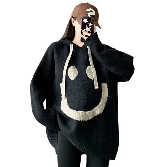 All match Casual Smile Hooded Sweater Black - Shop at LoveMi