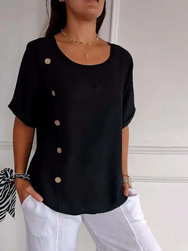 Casual Cotton And Linen Style Shirt Single Row Button Top Women's European And American Black - Shop at LoveMi