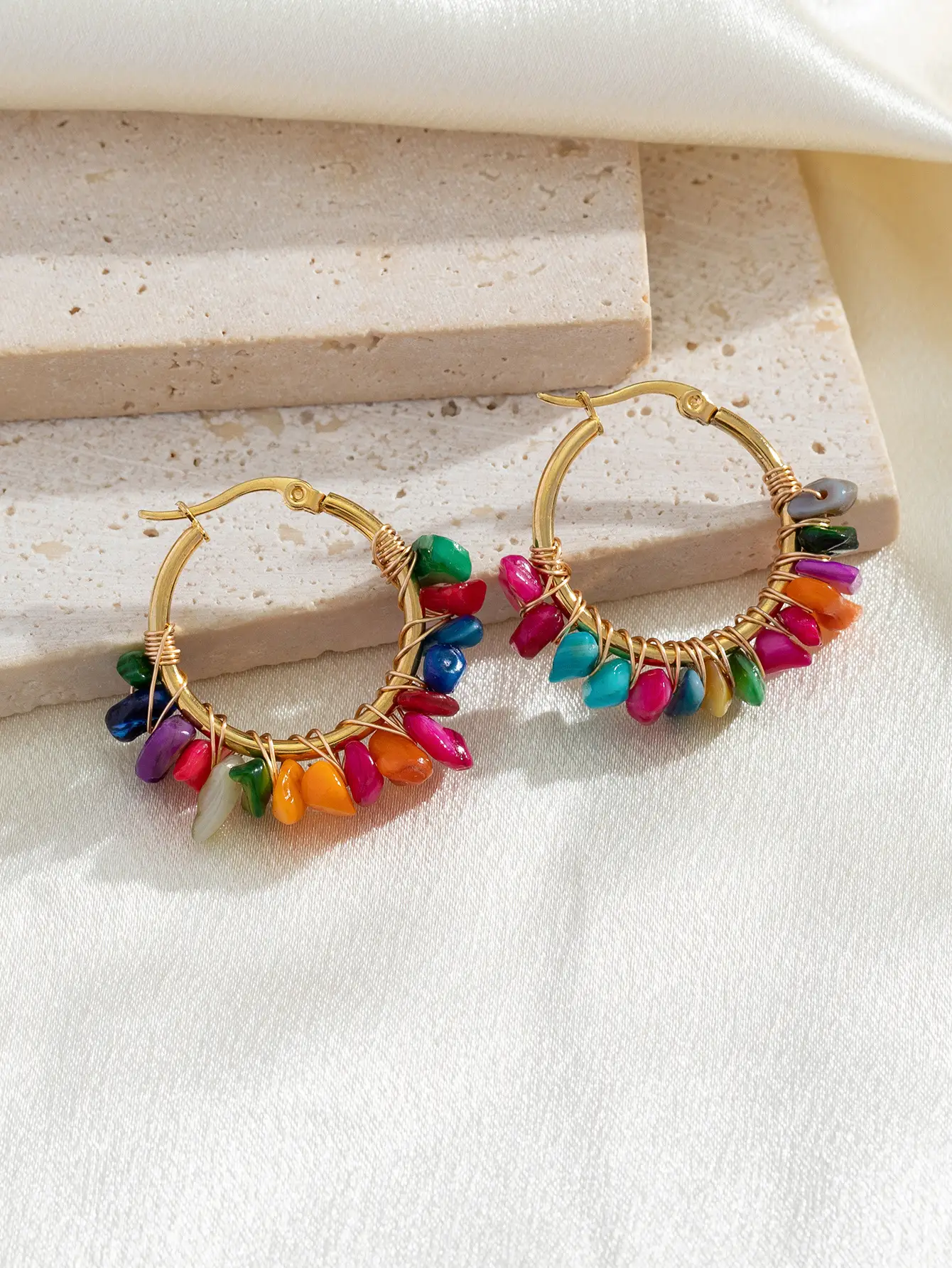 European And American Handmade Bohemian Natural Gravel Small Round Earrings