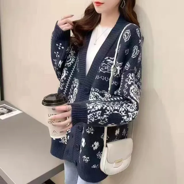 Retro Lazy Style Design Loose Niche Knitted Cardigan Navy Blue - Shop at LoveMi