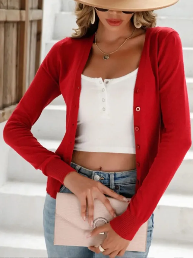 Women's Button Sweater Cardigan Sweater Coat Red - Shop at LoveMi