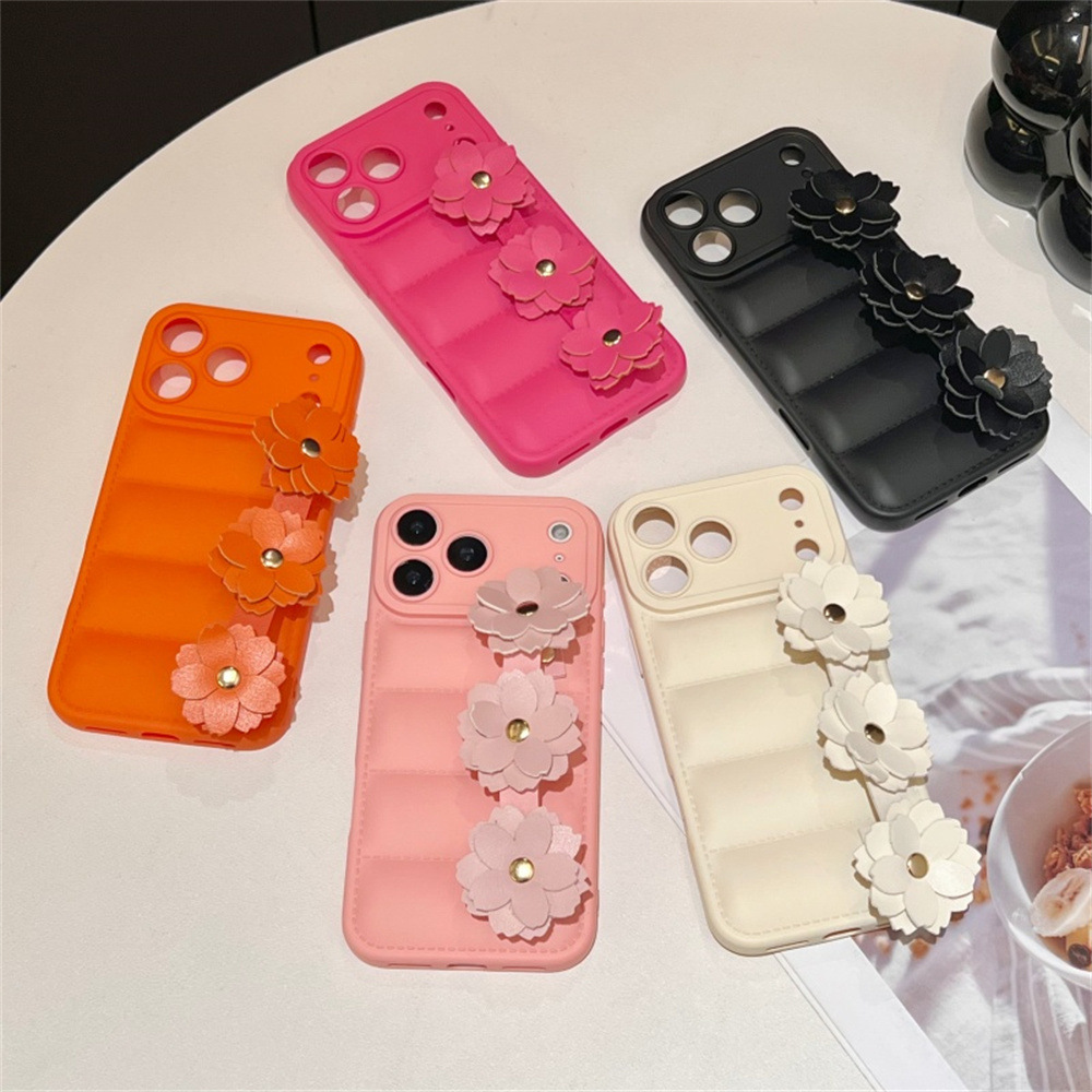 Handmade Candy Puffer Jacket Motif Camellia Wrist Strap Phone Case