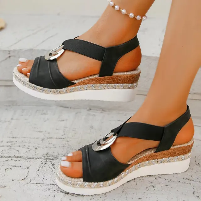 Plus Size Women's Metal Buckle Decorative Hemp Rope Wedge Light Bottom Peep Toe Sandals Black - Shop at LoveMi