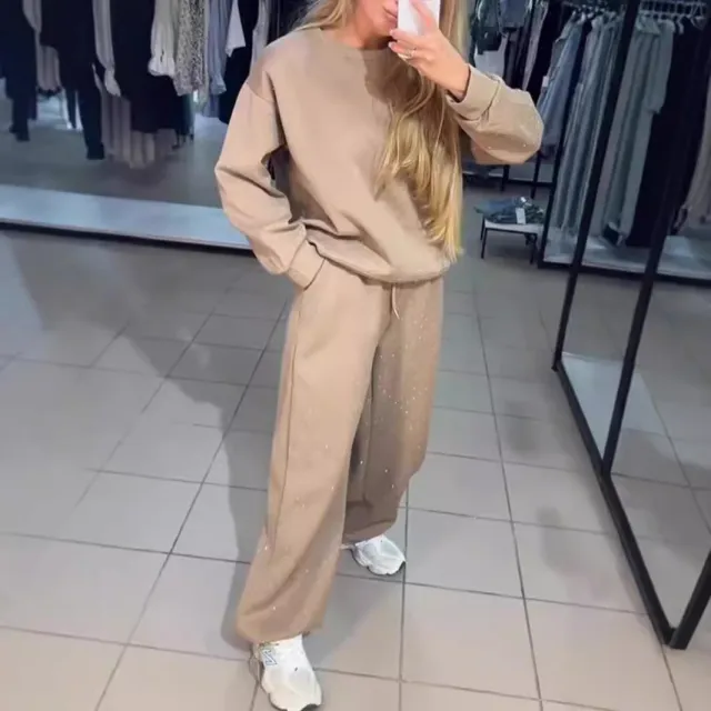 Casual Round Neck Long Sleeve Full Body Hot Drilling Drawstring Ankle tied Suit Apricot - Shop at LoveMi