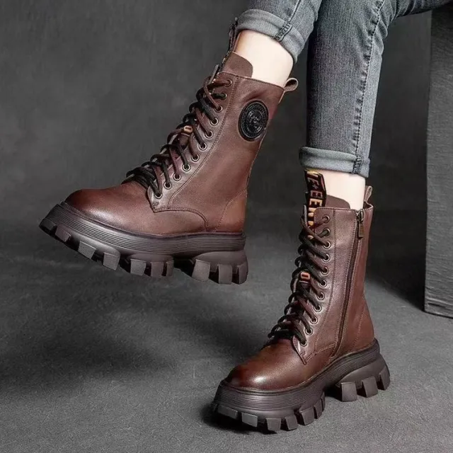 Women's Thick soled High top With Velvet Martin Retro Biker's Ankle Boots Brown - Shop at LoveMi