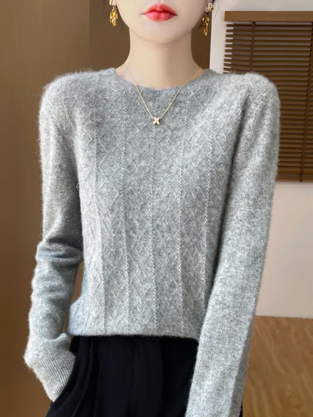 Front Line Ready made Garments Round Neck Woolen Sweater Autumn And Winter Fashion Twisted Flower Gray - Shop at LoveMi