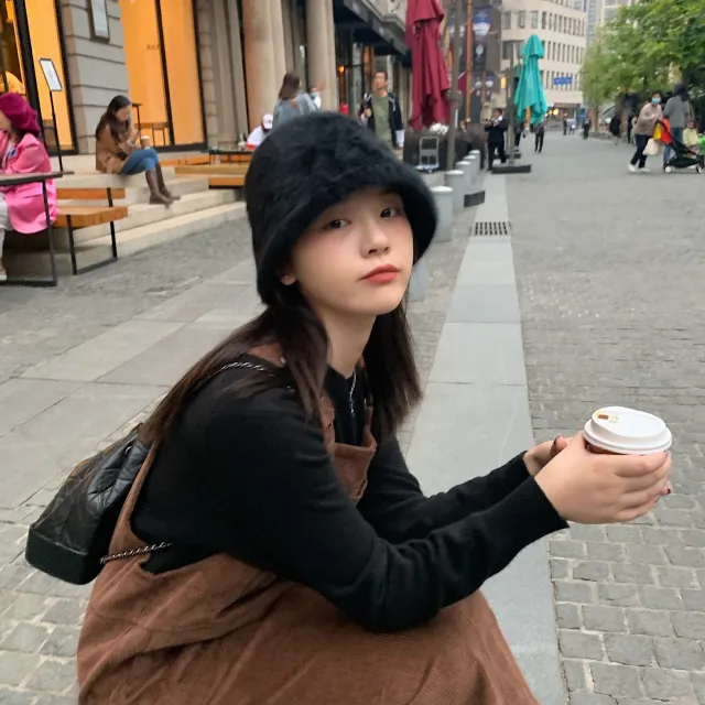 Japanese style Retro All match Face covering Rabbit Fur Bucket Hat Black - Shop at LoveMi
