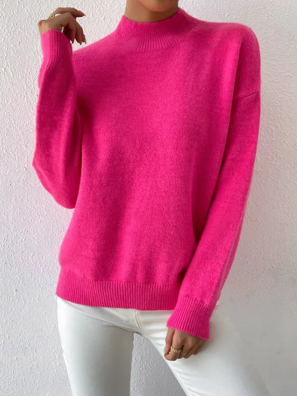 Autumn And Winter Half high Collar Pullover Women's Fashion Solid Color Loose Knitted Top Rose Red - Shop at LoveMi