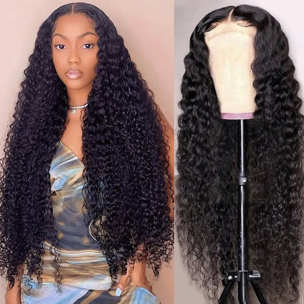 Black Wig Head Cover Fluffy Long Curly Hair Mid-split Full Top Pullover - Black