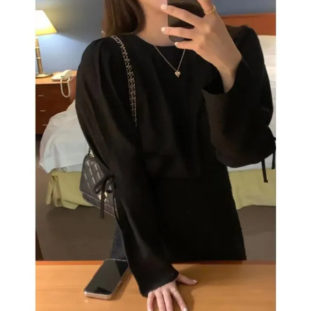 Lace up Solid Color Gentle And All match Round Neck Long Sleeve Shirt Black - Shop at LoveMi