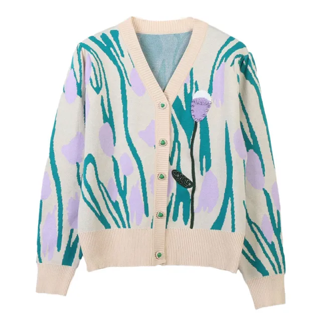 V neck Long Sleeve Contrast Color Flower Beaded Loose Temperament Commuting Fashion Knitted Cardigan 17911 Green - Shop at LoveMi