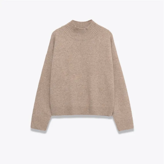 Women's Fashion Simple And Soft Stand Up Collar Knitted Sweater Khaki - Shop at LoveMi