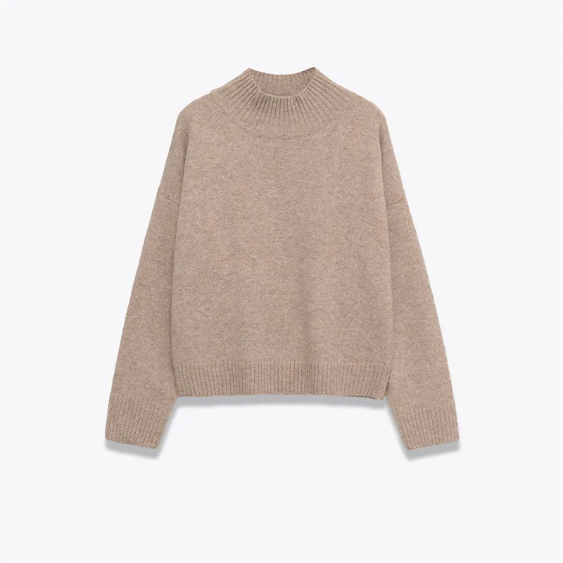 Women's Fashion Simple And Soft Stand Up Collar Knitted Sweater - Khaki