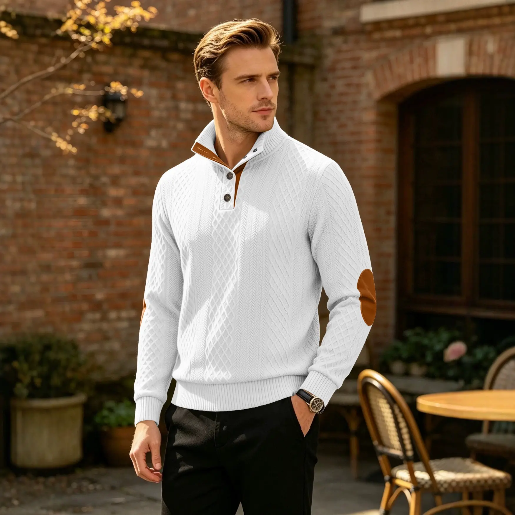 Mens Jacquard Crew-neck Long-sleeve Sweater