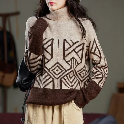 Women's Three dimensional Jacquard Turtleneck Sweater Apricot - Shop at LoveMi