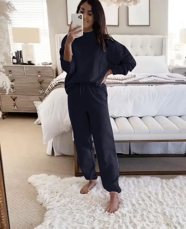 Women's New Turtleneck Velvet Padded Long Sleeve Blouse And Pants - Dark Blue
