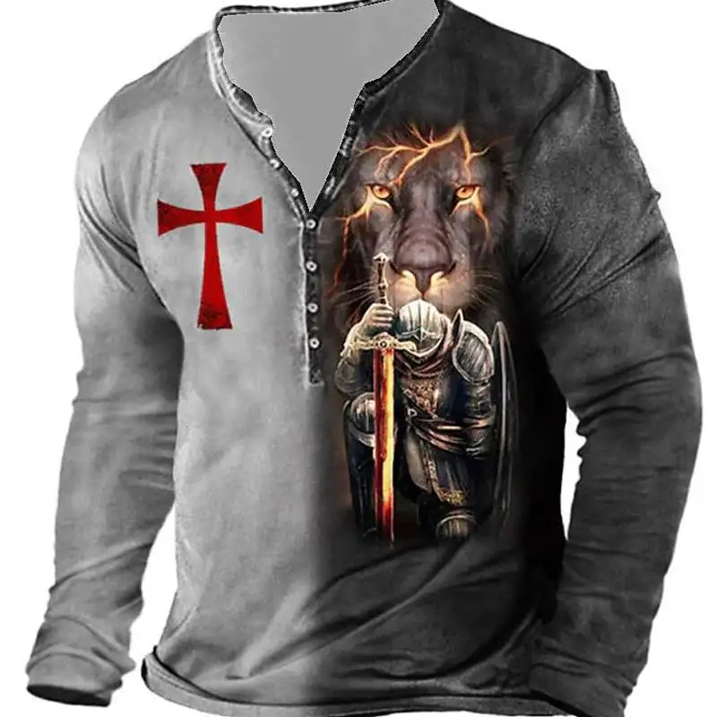 Open Placket Button Digital Printing Men's Long-sleeved