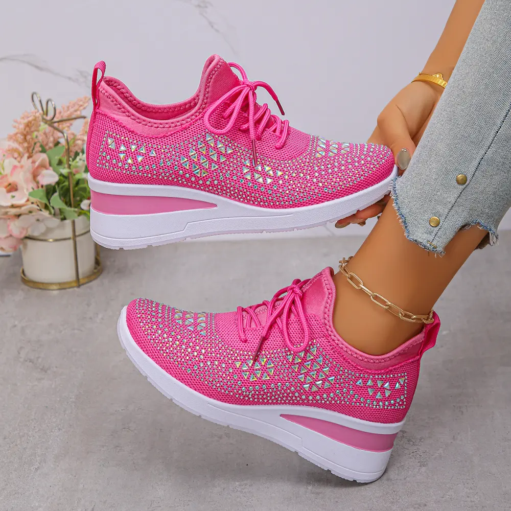 Rhinestone Sneakers Fashion Lace Up Wedges Casual Shoes Women's