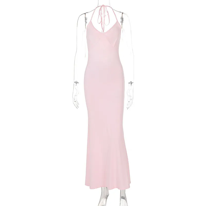 V-neck Strap Backless Sheath Dress Slim Fit Dress - Pink