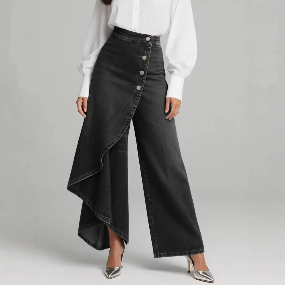Unique Straight-leg Pants Fashion Large Ruffled Buttons Trousers Women's