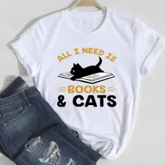 Cat Cute Printed European And American Short Sleeve - White Aqp29390 - View 1