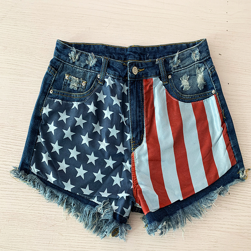 Fringed Star-Print Denim Shorts For Women