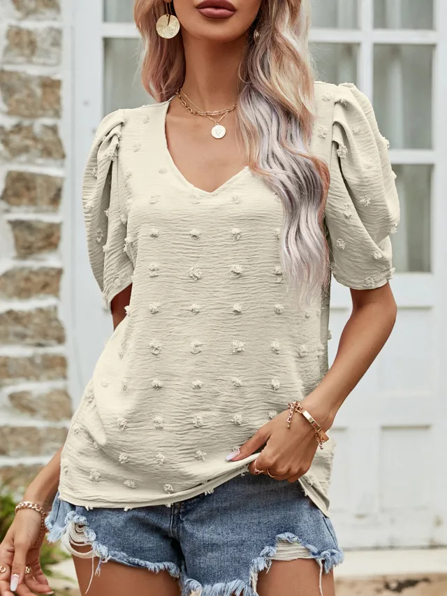 V neck Short sleeve T shirt For Women Puff Sleeve Casual Top Apricot - Shop at LoveMi