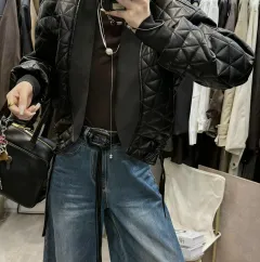 Temperament Long-sleeve Plaid Loose Cotton-padded PU Leather Jacket - Black - View 1
