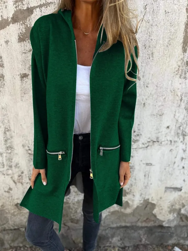Autumn And Winter Solid Color Casual Zipper Hooded Jacket Coat Green - Shop at LoveMi