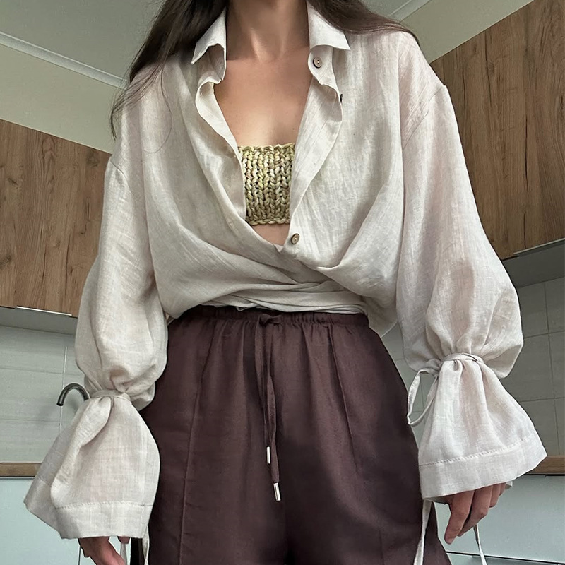 Stylish Design-forward Loose-fit Long-sleeve Shirt With A Turn-down Collar And Tie Details