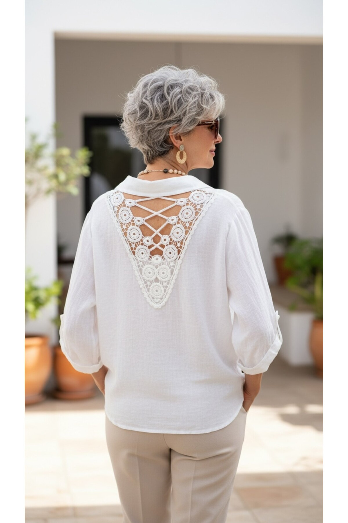 Buttoned V-Neck Lace-Up Shirt with Pockets for Women Buttoned V-Neck Lace-Up Shirt with Pockets for Women