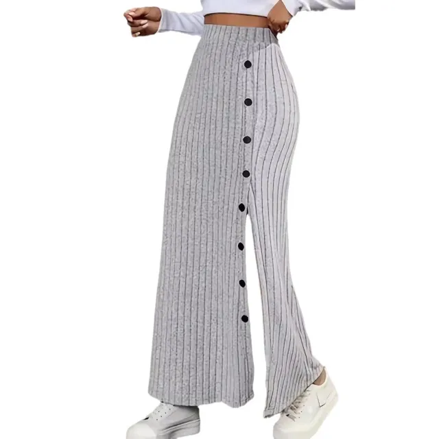 Women Knitted Dress Sunken Stripe Slit Fastener Decoration Sheath Skirt Light Gray - Shop at LoveMi