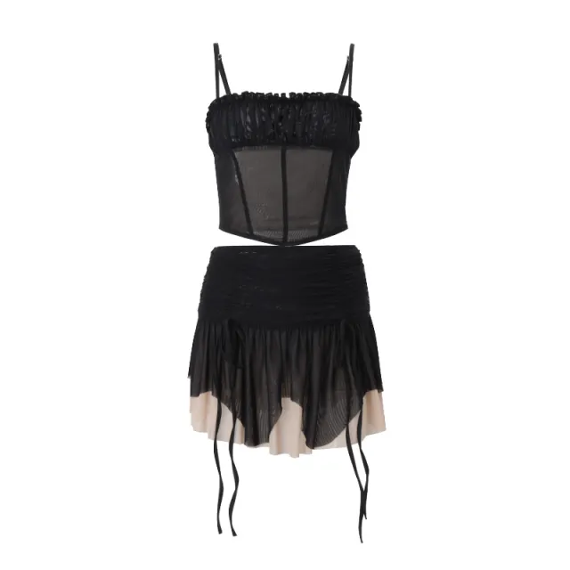 Mesh Top Sexy Pleated Low Waist Pleated Skirt Suit Black - Shop at LoveMi