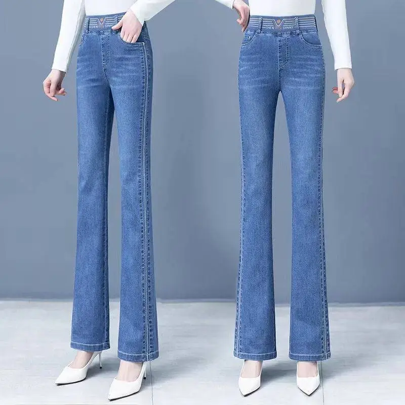 Women's Retro Stretch Slim Fit Flared Pants - Q8116 Light Blue