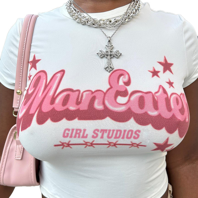 YY24084 Round Neck Letter Print Short-sleeved T-shirt For Women