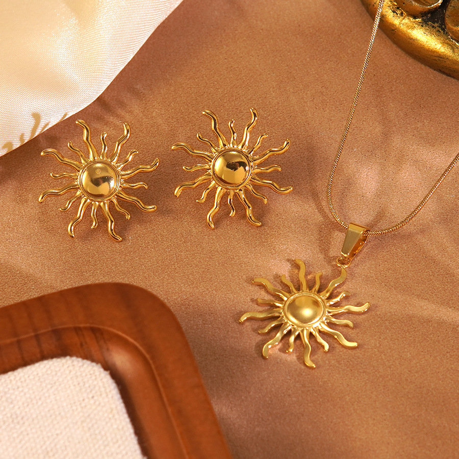 Stainless Steel Heart Bow Flower Necklace And Earrings Set