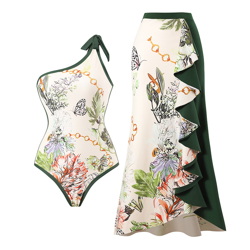 Elegant Printed Patchwork Contrast Color Beach Skirt Two piece Set Green Edge Suit - Shop at LoveMi