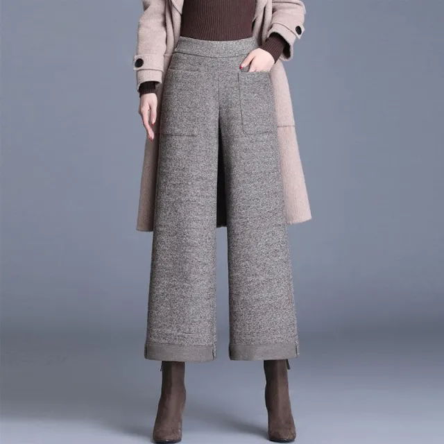 Small Woolen Wide leg Pants Women's High Waist Cropped Pants Coffee - Shop at LoveMi