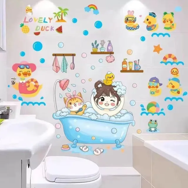 Cartoon Stickers Bathroom Tile Wall Waterproof Fish Tank Decoration Bath Girl Cute Duck - Shop at LoveMi