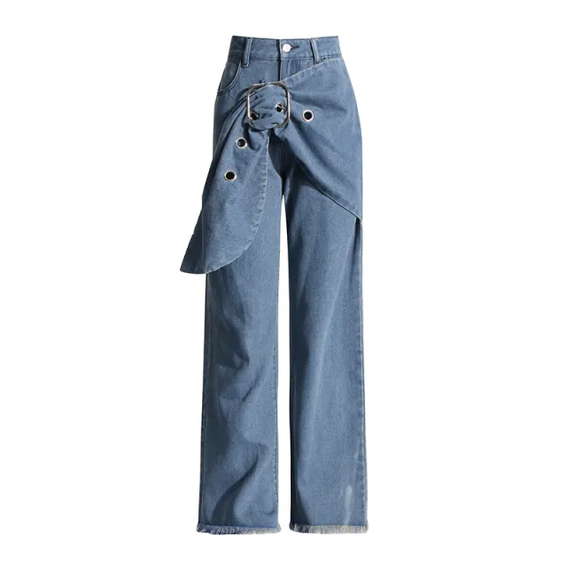 Casual Style Wide leg Pants New Patchwork Belt Blue - Shop at LoveMi