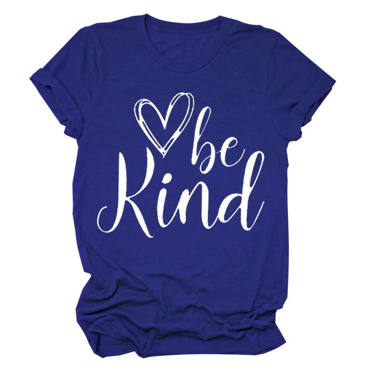 Heart Trendy Short Sleeve Crew Neck T-shirt Top - Retro Blue White Font