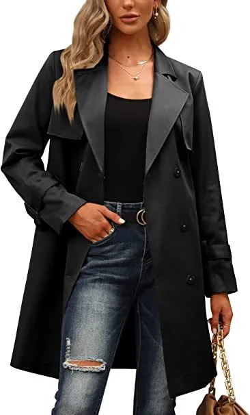 European And American Autumn Women's Double Breasted Fashion Casual Trench Coat Black - Shop at LoveMi