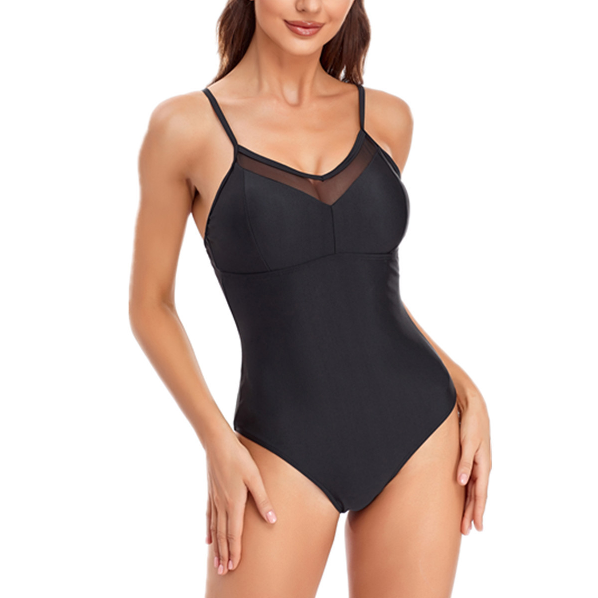Ladies’ Mesh Solid Color Swimming One-piece Swimsuit