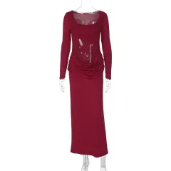 European And American Hot Mesh Stitching Stretch Slim-fit Long-sleeved Dress - Wine Red - View 1