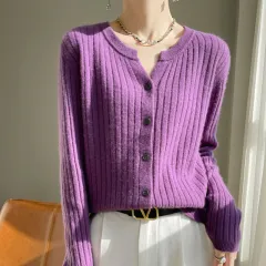 Round Neck Slim-fit Short Striped Solid Colour Knitted Cardigan Jacket - Purple - View 1