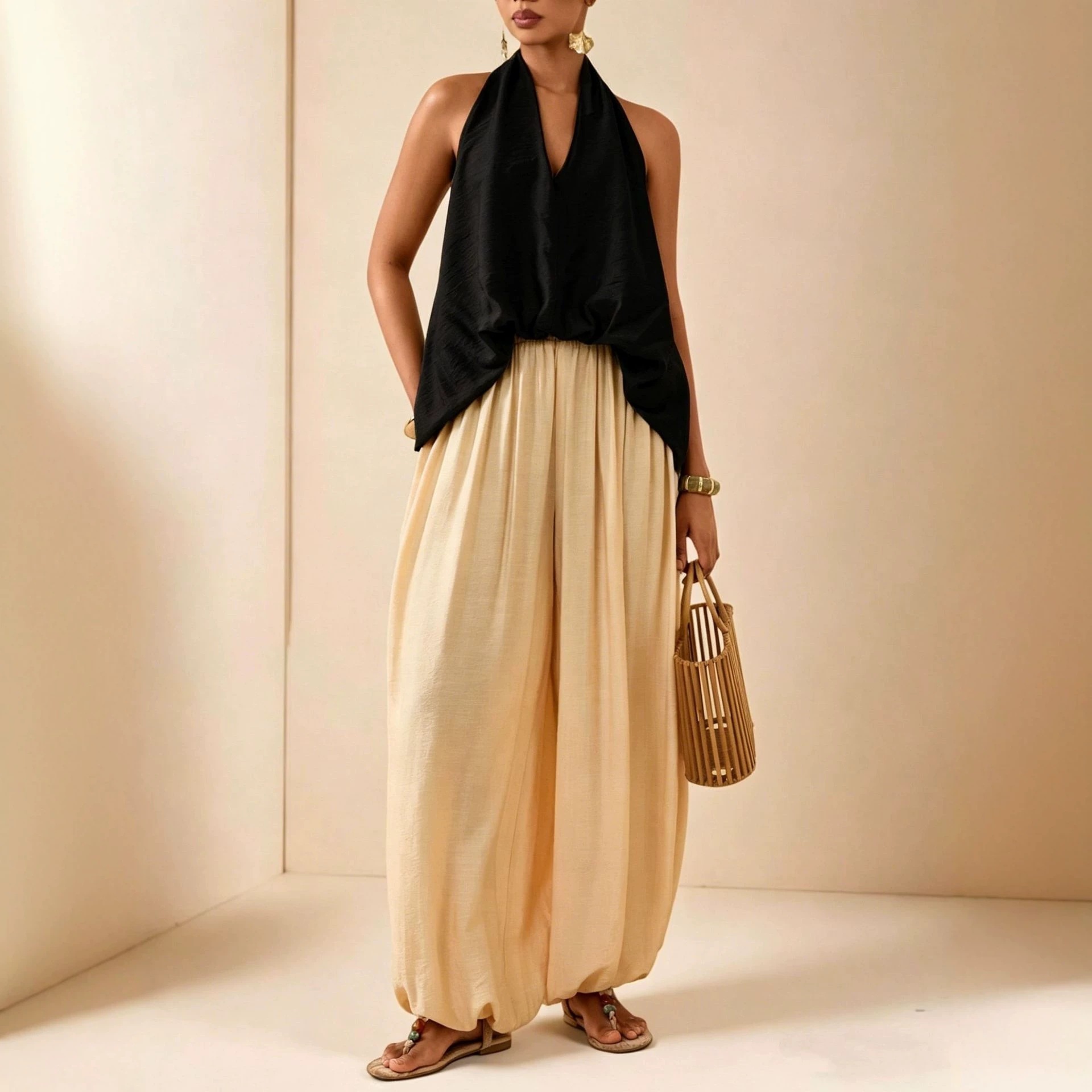 Fashionable Halter-neck Vest And Lantern Pants Two-piece Set