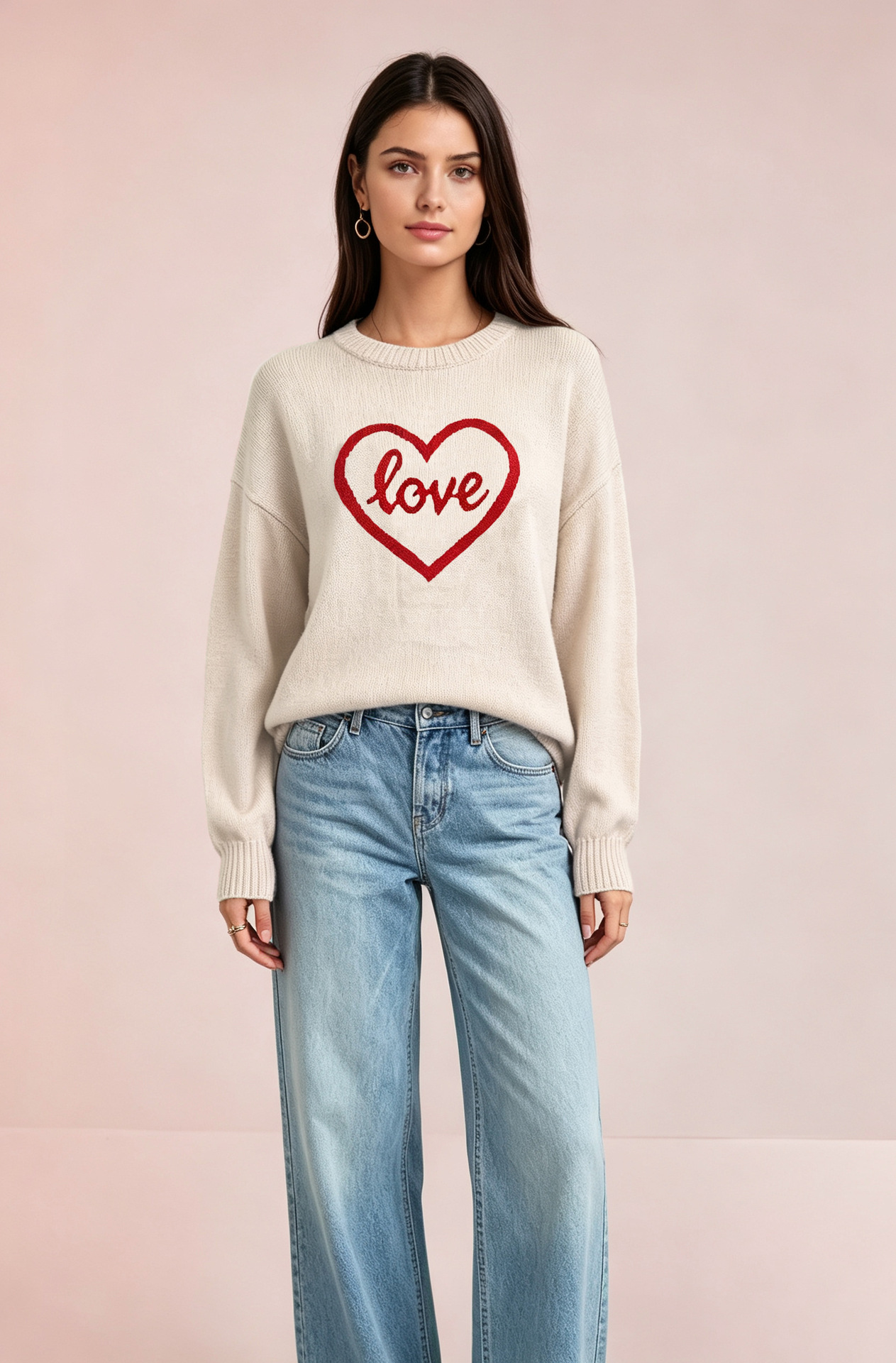 AutumnWinter European And American-style Knitted Sweater With A Heart Design