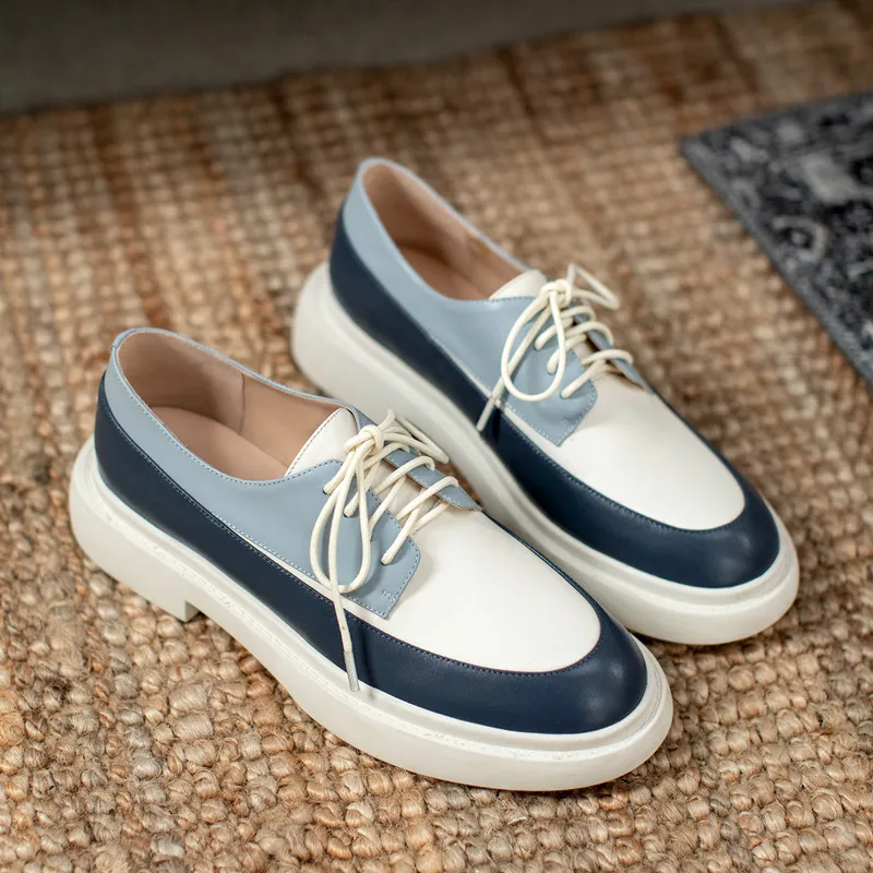 Genuine Leather Platform Lace Up White Loafers - White