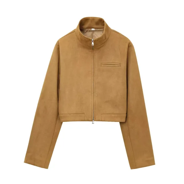 Versatile Stand Collar Long Sleeve Short Zip Suede Jacket Brown - Shop at LoveMi